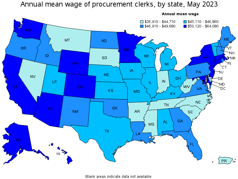 Map of annual mean wages of procurement clerks by state, May 2023