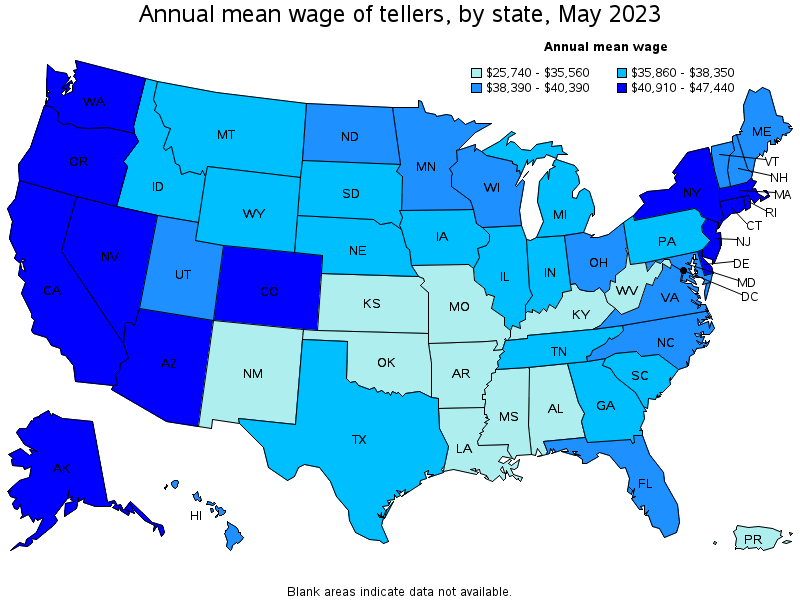 Map of annual mean wages of tellers by state, May 2023