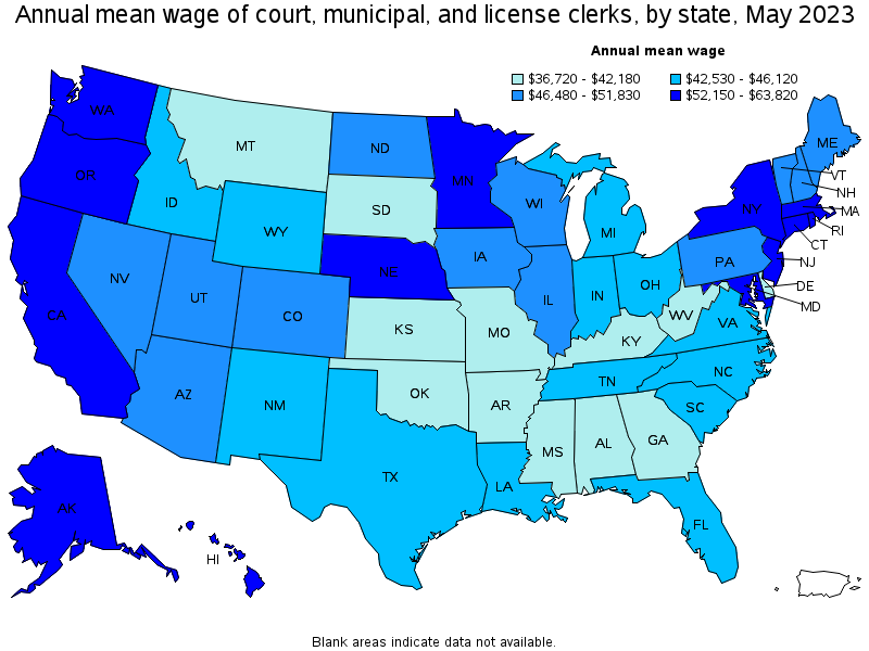 Map of annual mean wages of court, municipal, and license clerks by state, May 2023