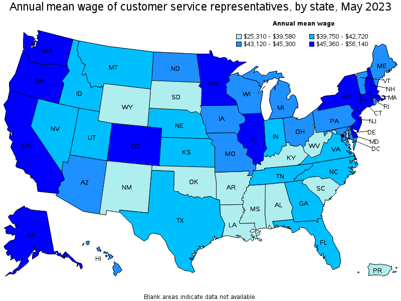 Map of annual mean wages of customer service representatives by state, May 2023