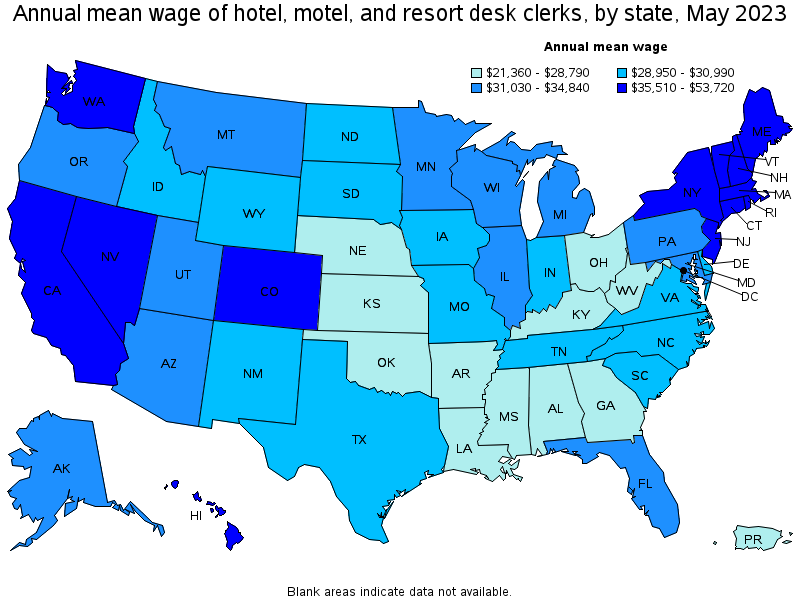 Map of annual mean wages of hotel, motel, and resort desk clerks by state, May 2023