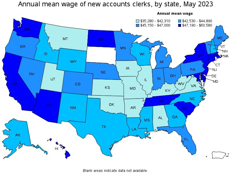 Map of annual mean wages of new accounts clerks by state, May 2023