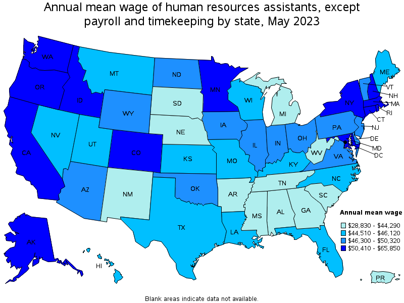 Map of annual mean wages of human resources assistants, except payroll and timekeeping by state, May 2023