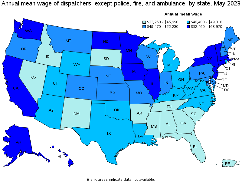 Map of annual mean wages of dispatchers, except police, fire, and ambulance by state, May 2023