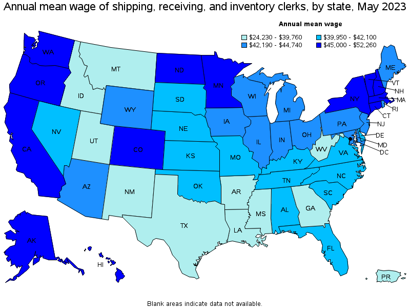 Map of annual mean wages of shipping, receiving, and inventory clerks by state, May 2023