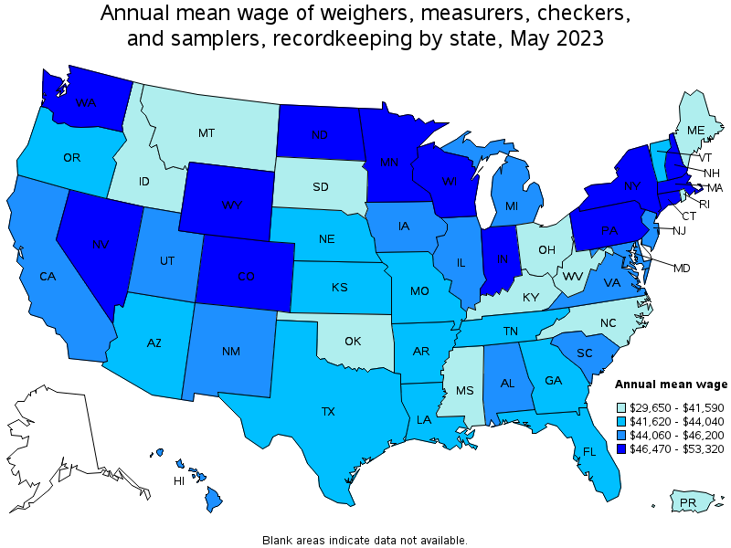 Map of annual mean wages of weighers, measurers, checkers, and samplers, recordkeeping by state, May 2023