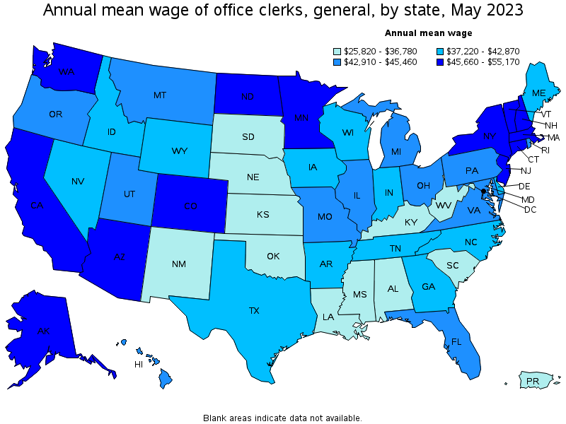 Map of annual mean wages of office clerks, general by state, May 2023