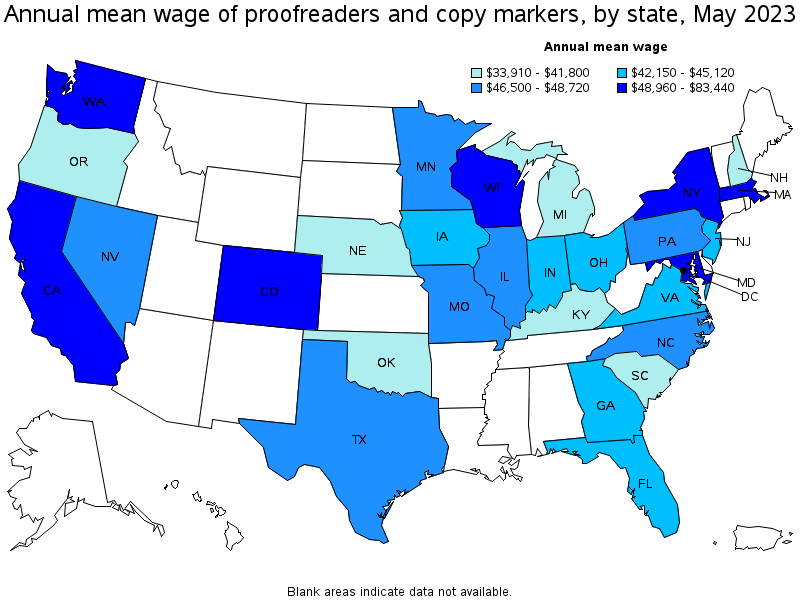 Map of annual mean wages of proofreaders and copy markers by state, May 2023