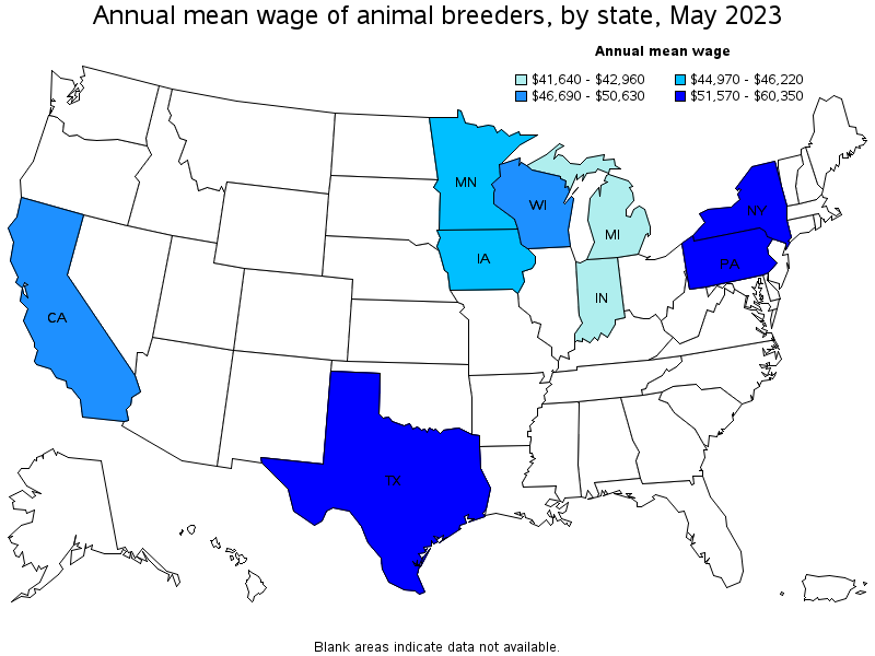 Map of annual mean wages of animal breeders by state, May 2023