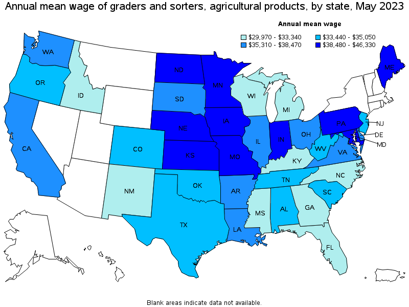 Map of annual mean wages of graders and sorters, agricultural products by state, May 2023