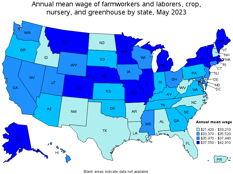 Map of annual mean wages of farmworkers and laborers, crop, nursery, and greenhouse by state, May 2023