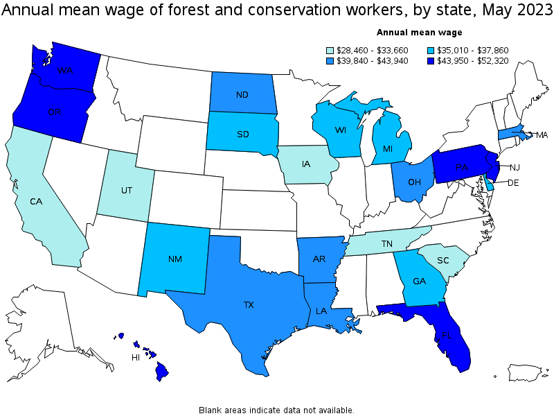 Map of annual mean wages of forest and conservation workers by state, May 2023