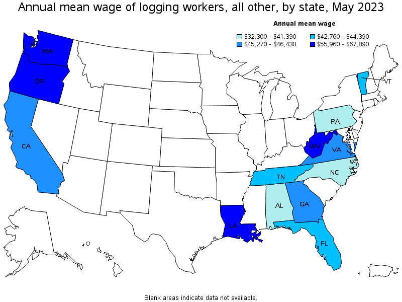 Map of annual mean wages of logging workers, all other by state, May 2023