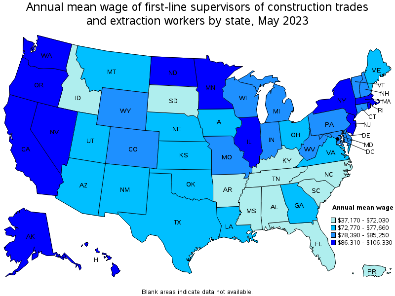 Map of annual mean wages of first-line supervisors of construction trades and extraction workers by state, May 2023