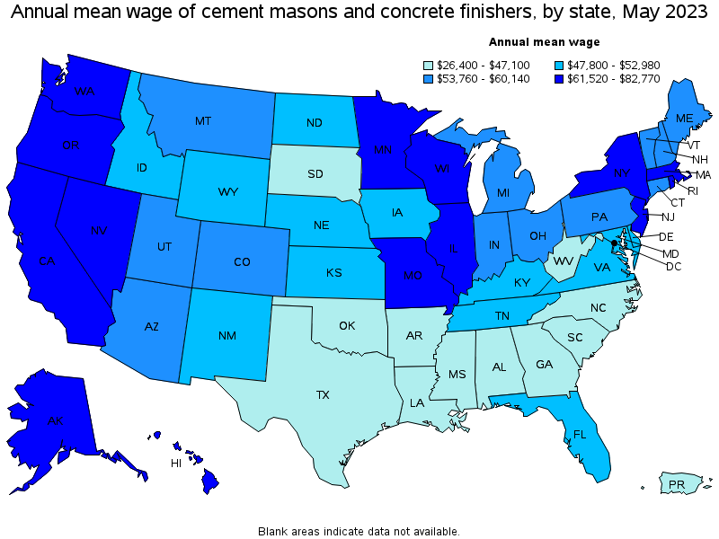 Map of annual mean wages of cement masons and concrete finishers by state, May 2023