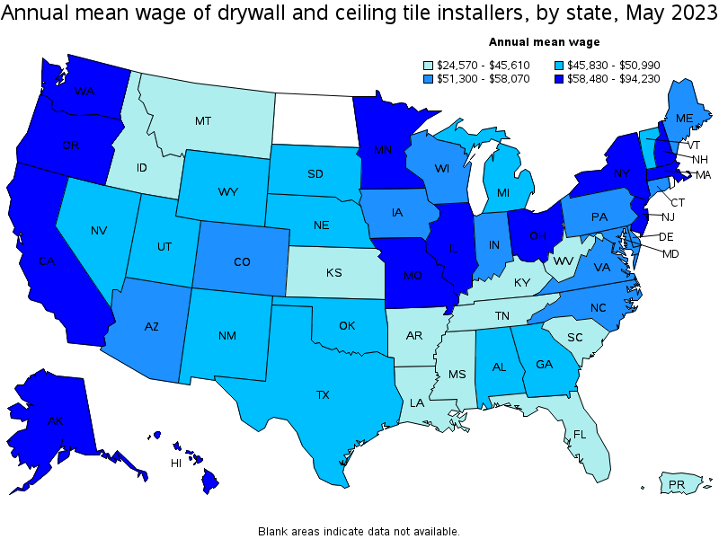 Map of annual mean wages of drywall and ceiling tile installers by state, May 2023