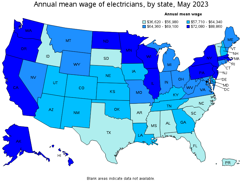 Map of annual mean wages of electricians by state, May 2023