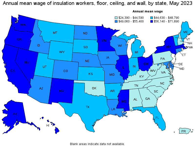 Map of annual mean wages of insulation workers, floor, ceiling, and wall by state, May 2023