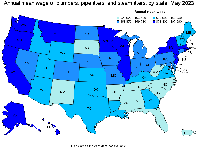 Map of annual mean wages of plumbers, pipefitters, and steamfitters by state, May 2023