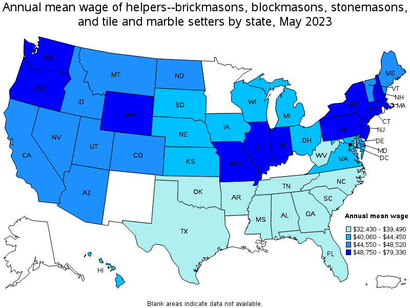 Map of annual mean wages of helpers--brickmasons, blockmasons, stonemasons, and tile and marble setters by state, May 2023
