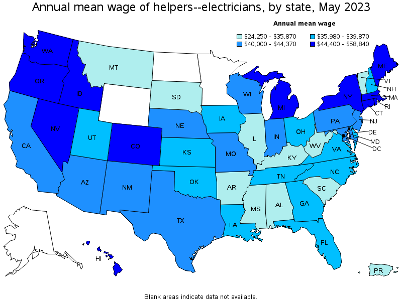 Map of annual mean wages of helpers--electricians by state, May 2023