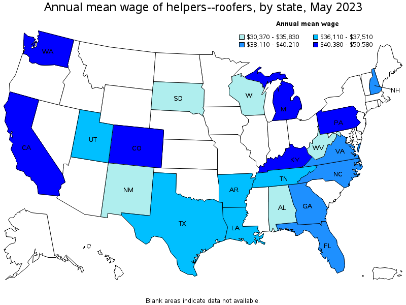 Map of annual mean wages of helpers--roofers by state, May 2023