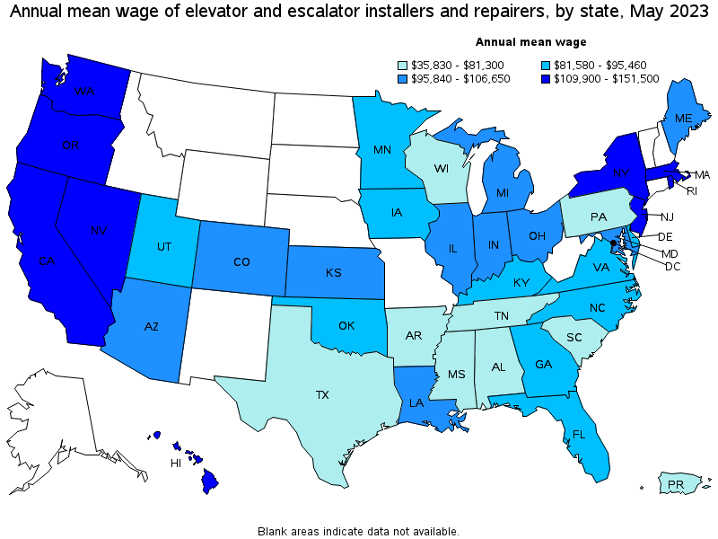 Map of annual mean wages of elevator and escalator installers and repairers by state, May 2023