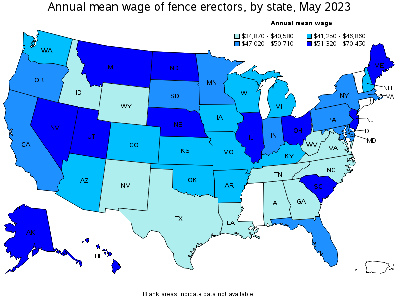 Map of annual mean wages of fence erectors by state, May 2023