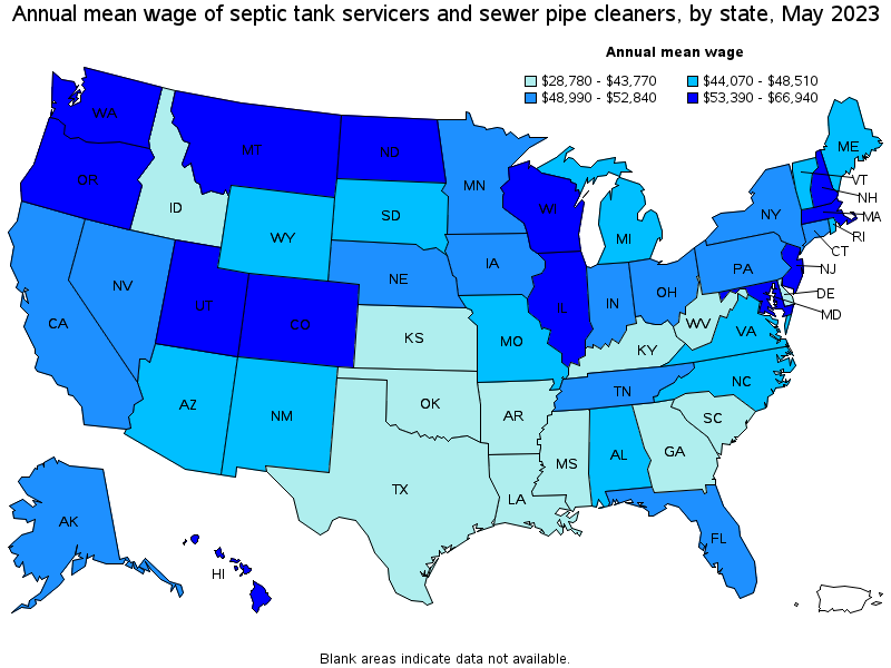 Map of annual mean wages of septic tank servicers and sewer pipe cleaners by state, May 2023