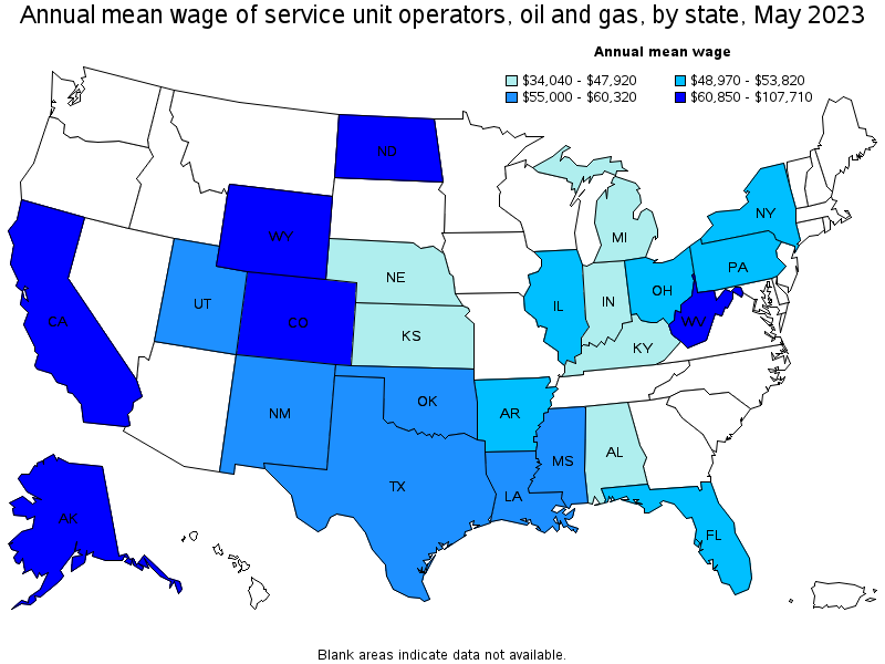 Map of annual mean wages of service unit operators, oil and gas by state, May 2023