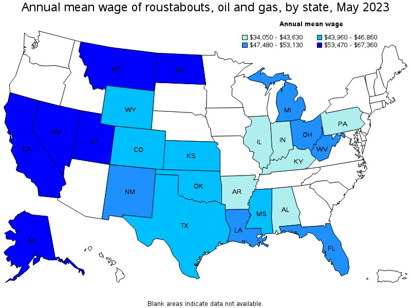 Map of annual mean wages of roustabouts, oil and gas by state, May 2023