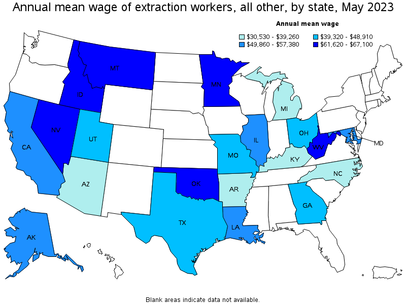 Map of annual mean wages of extraction workers, all other by state, May 2023