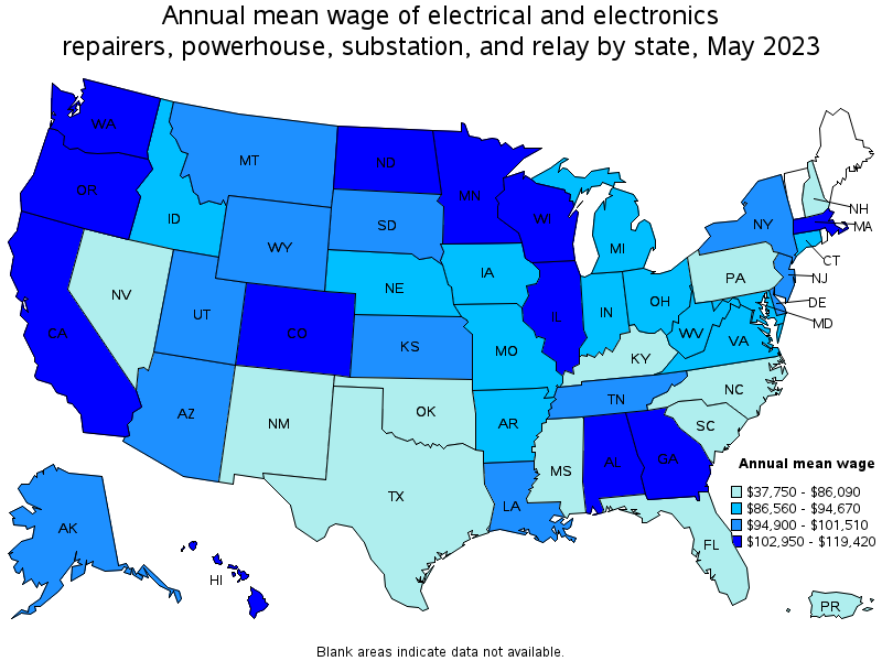 Map of annual mean wages of electrical and electronics repairers, powerhouse, substation, and relay by state, May 2023