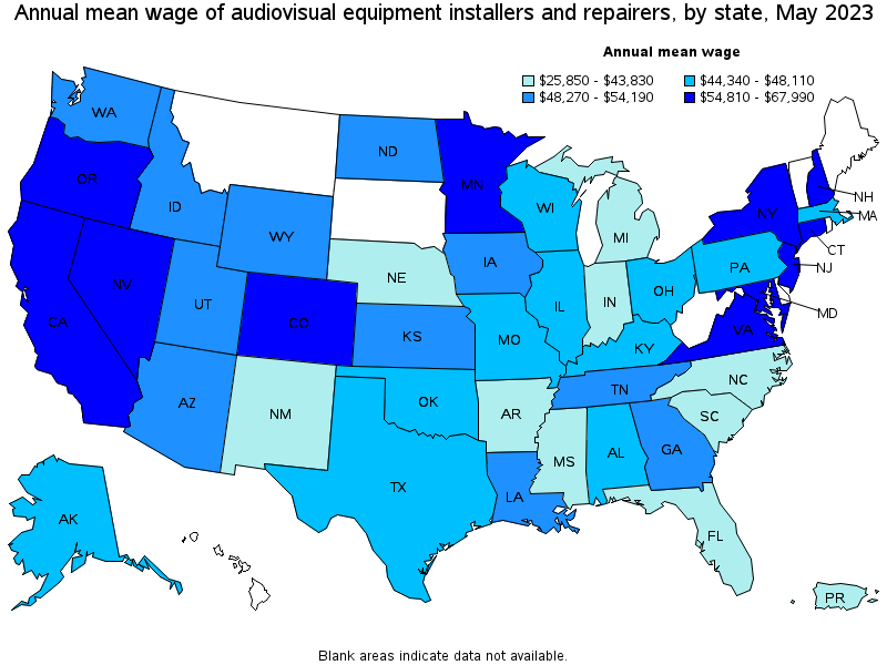 Map of annual mean wages of audiovisual equipment installers and repairers by state, May 2023