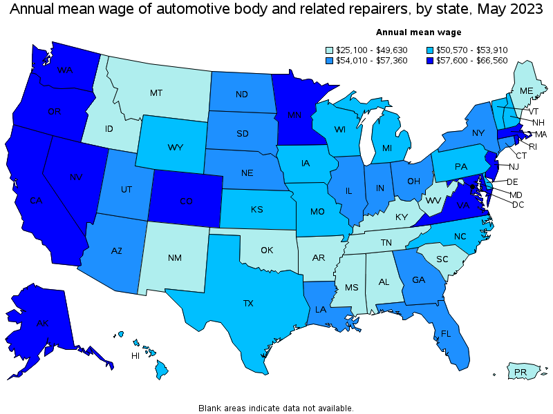 Map of annual mean wages of automotive body and related repairers by state, May 2023