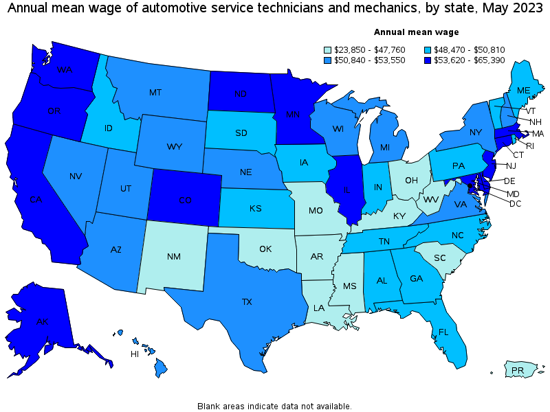 Map of annual mean wages of automotive service technicians and mechanics by state, May 2023