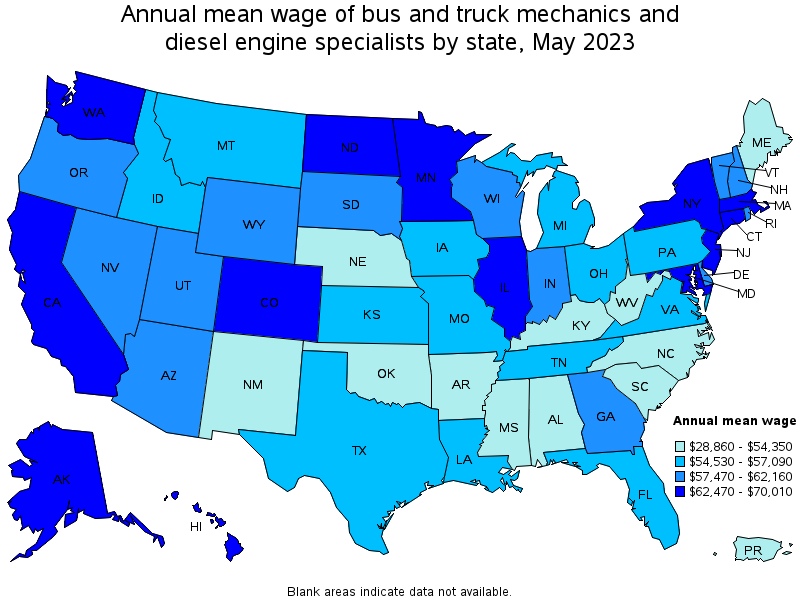 Map of annual mean wages of bus and truck mechanics and diesel engine specialists by state, May 2023
