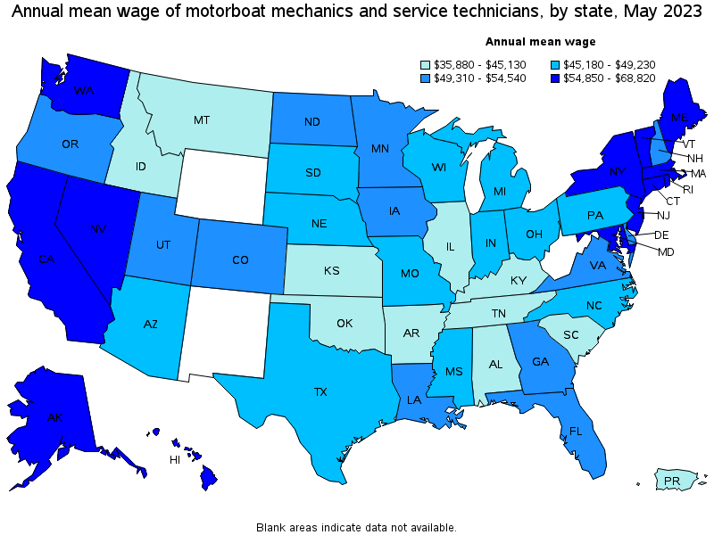 Map of annual mean wages of motorboat mechanics and service technicians by state, May 2023