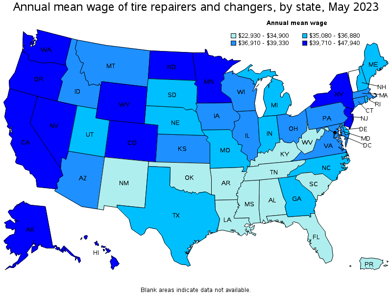 Map of annual mean wages of tire repairers and changers by state, May 2023