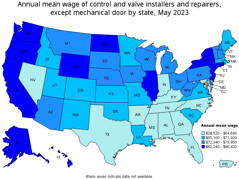 Map of annual mean wages of control and valve installers and repairers, except mechanical door by state, May 2023
