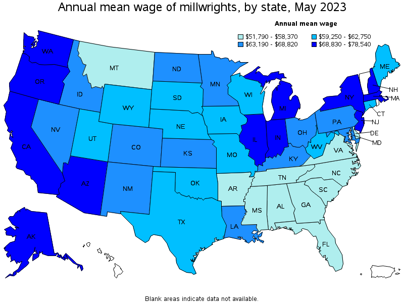 Map of annual mean wages of millwrights by state, May 2023