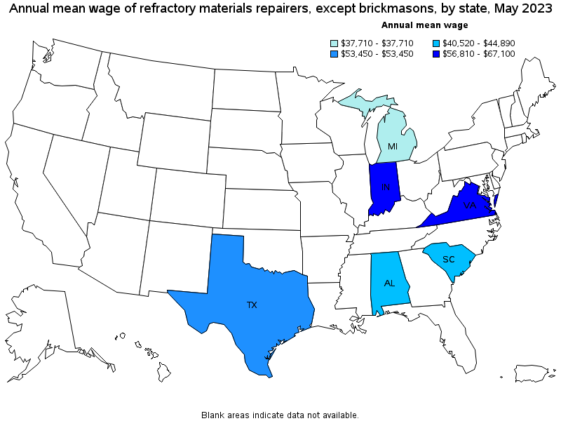 Map of annual mean wages of refractory materials repairers, except brickmasons by state, May 2023