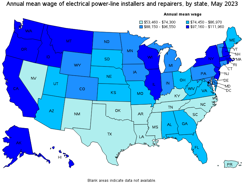 Map of annual mean wages of electrical power-line installers and repairers by state, May 2023