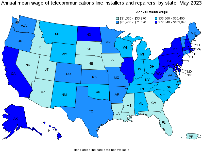 Map of annual mean wages of telecommunications line installers and repairers by state, May 2023