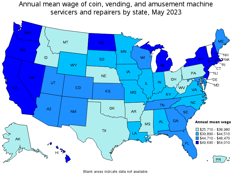 Map of annual mean wages of coin, vending, and amusement machine servicers and repairers by state, May 2023