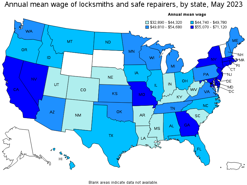 Map of annual mean wages of locksmiths and safe repairers by state, May 2023