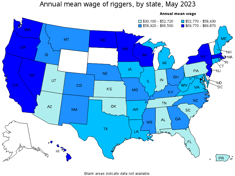 Map of annual mean wages of riggers by state, May 2023