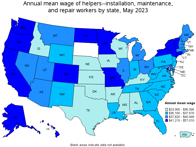 Map of annual mean wages of helpers--installation, maintenance, and repair workers by state, May 2023