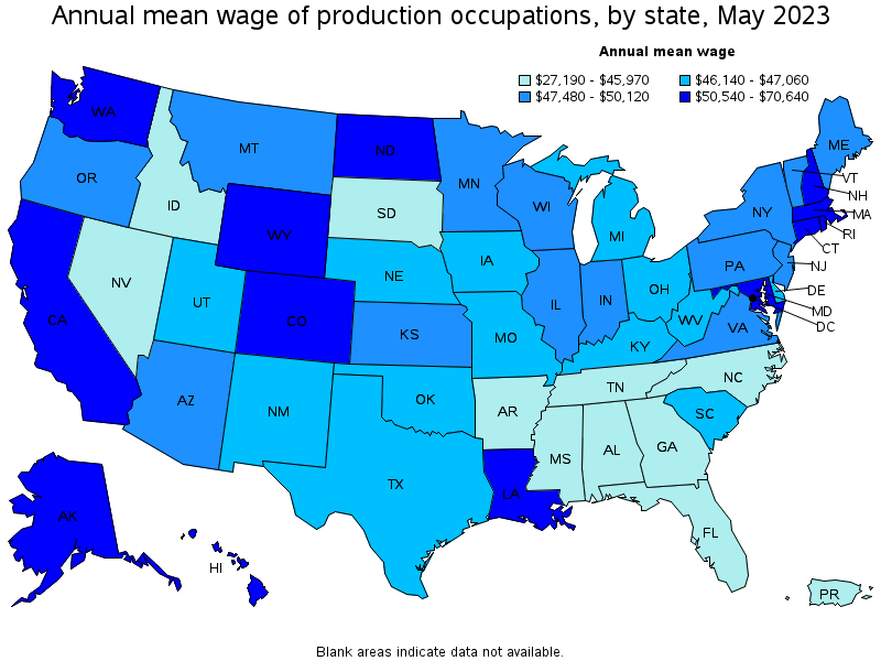 Map of annual mean wages of production occupations by state, May 2023