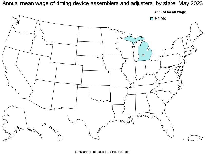 Map of annual mean wages of timing device assemblers and adjusters by state, May 2023